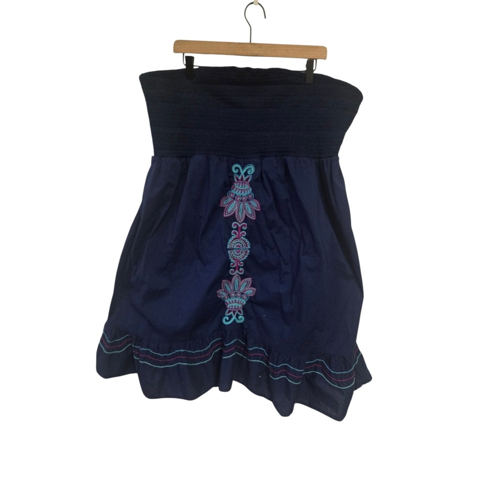 Lane Bryant Navy Blue Smocked Strapless Embroidered Cotton Dress Plus Size 26/28